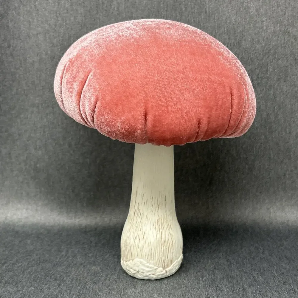 Velvet Mushroom Figurine Pink Plush Cottage Core Woodland Tabletop Decor 8 Inch